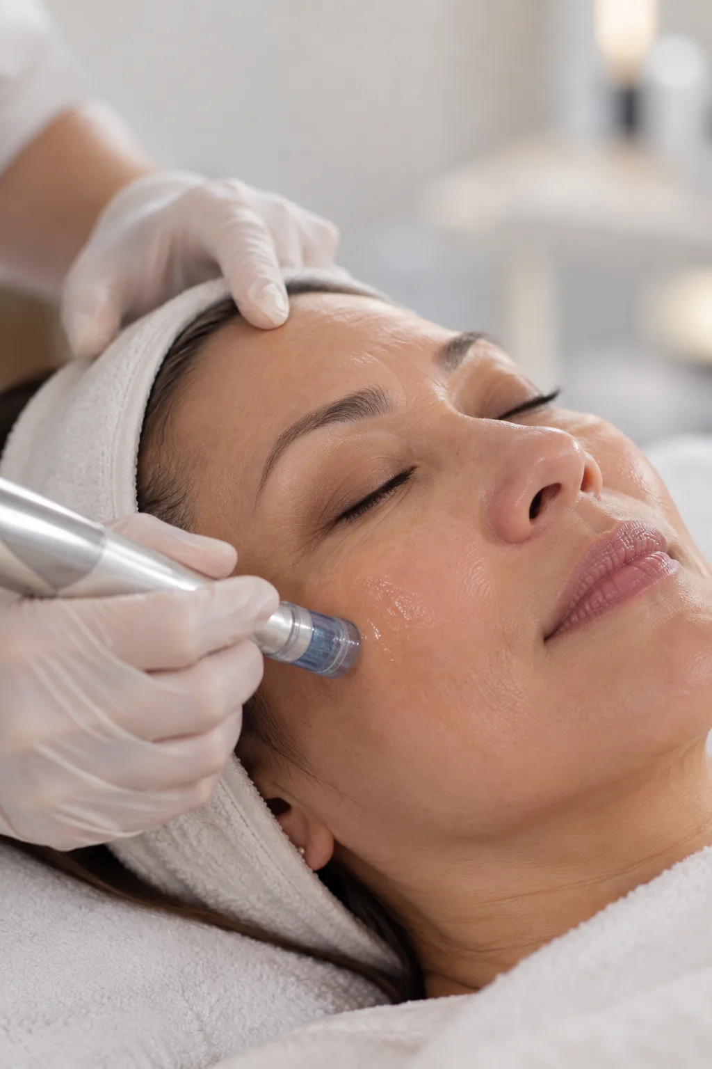 Close-up of a skin treatment device being used during a facial treatment