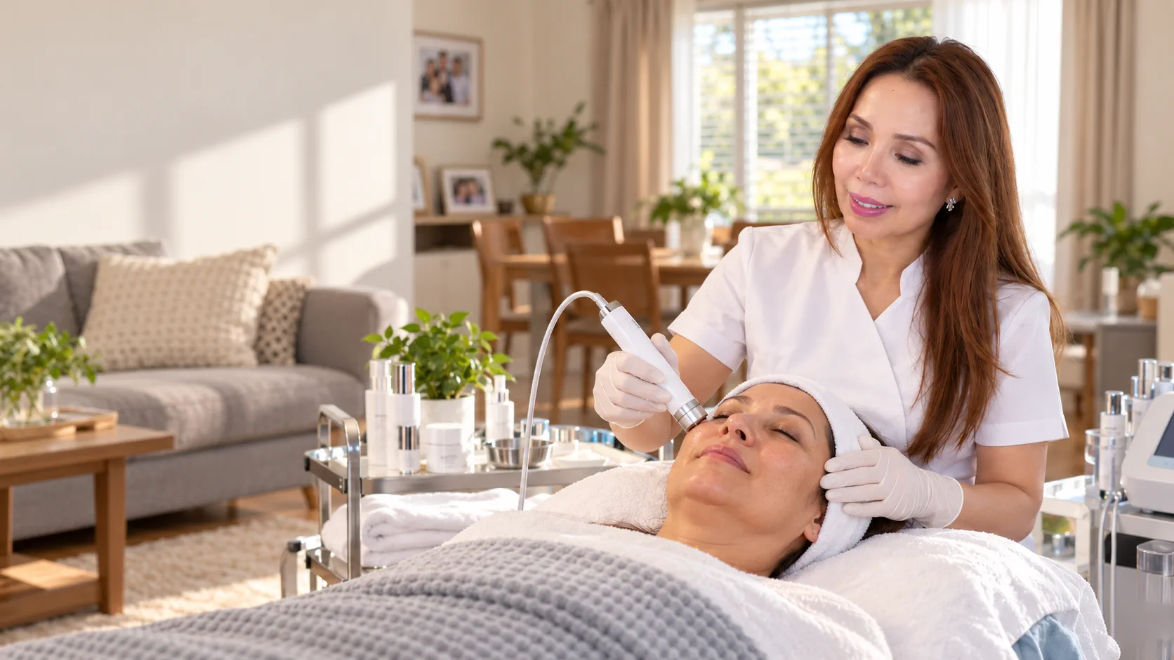 A skin treatment being performed in a comfortable home setting